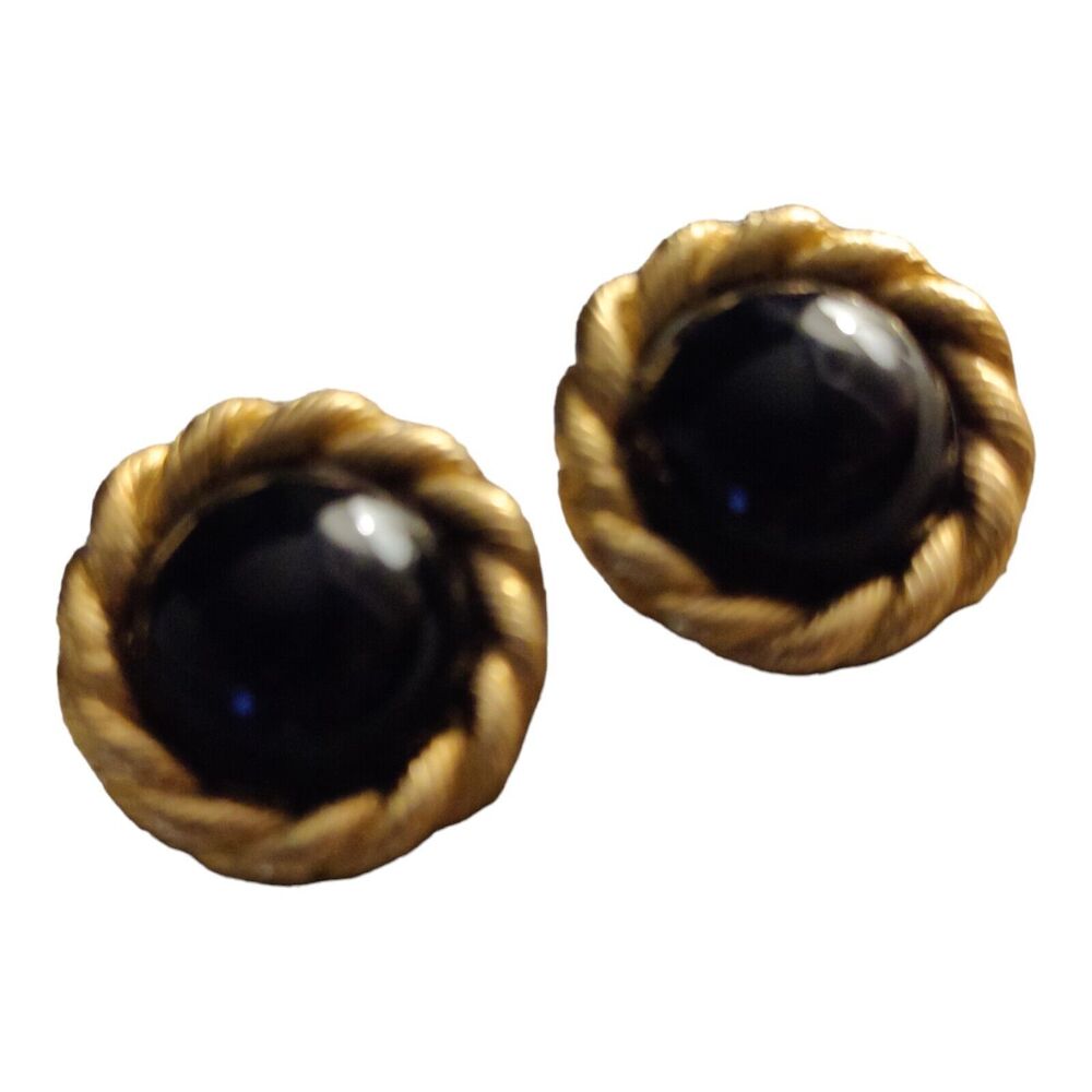 Vintage Carolee Earrings Black & Gold Cabochon Post Style Chunky Earrings